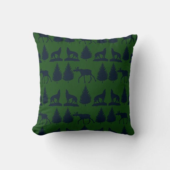 Wild Moose Wolves Pine Trees Rustic Green Navy Throw Pillow (Front)