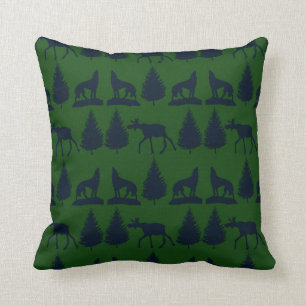 Wild Moose Wolves Pine Trees Rustic Green Navy Throw Pillow