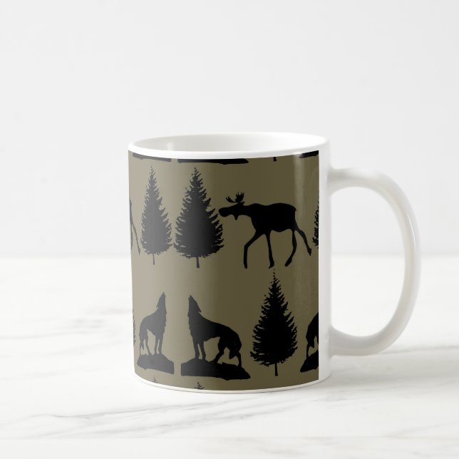 Wild Moose Wolves Pine Trees Rustic Tan Black Coffee Mug (Right)