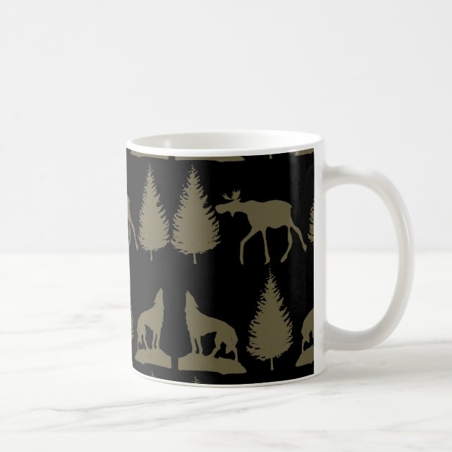 Wild Moose Wolves Pine Trees Rustic Tan Black Coffee Mug (Right)