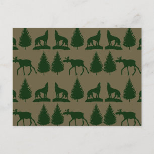 Wild Moose Wolves Pine Trees Rustic Tan Green Postcard