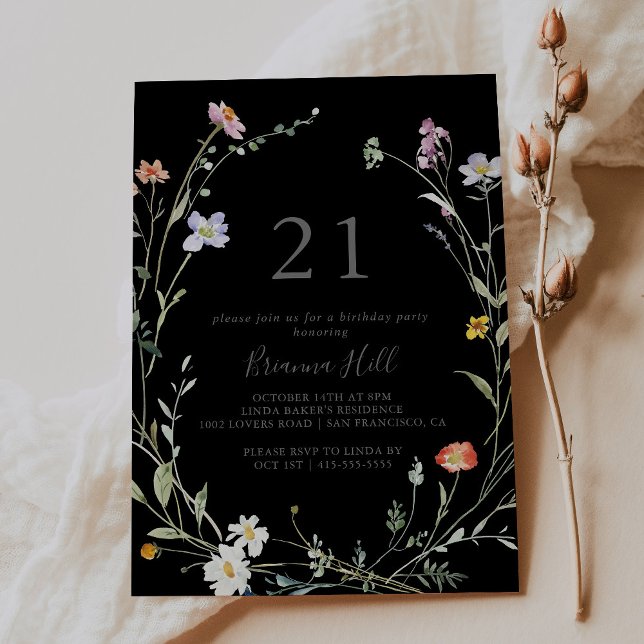Wild Multicolor Floral Black 21st Birthday Party Invitation (Creator Uploaded)