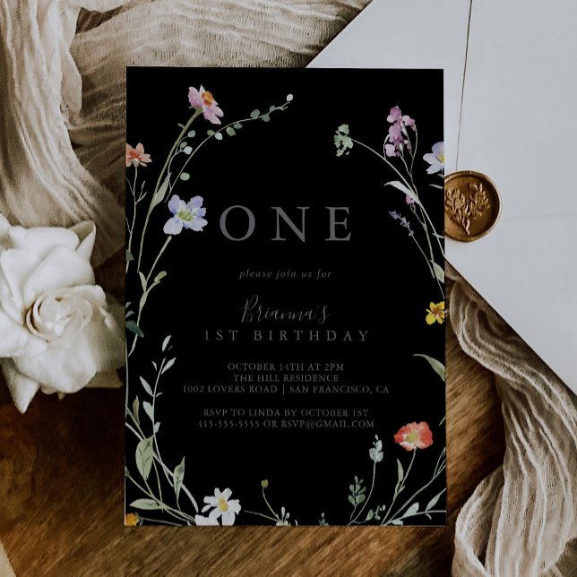 Wild Multicolor Floral Black First Birthday Party Invitation (Creator Uploaded)
