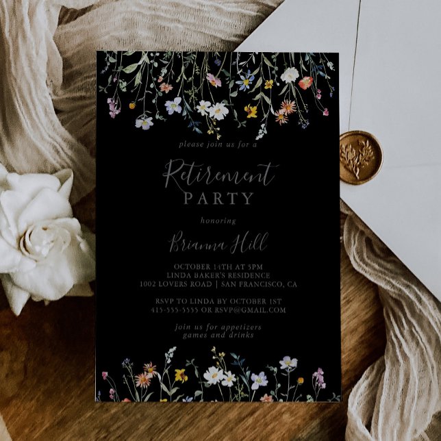 Wild Multicolor Floral Black Retirement Party Invitation (Creator Uploaded)
