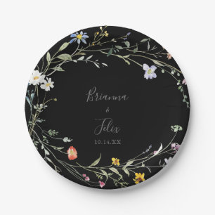 Wild Multicolor Floral Black Wedding Cake Paper Plate