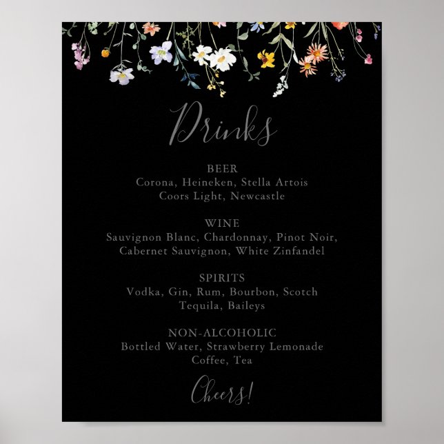 Wild Multicolor Floral Black Wedding Drinks Menu  Poster (Front)