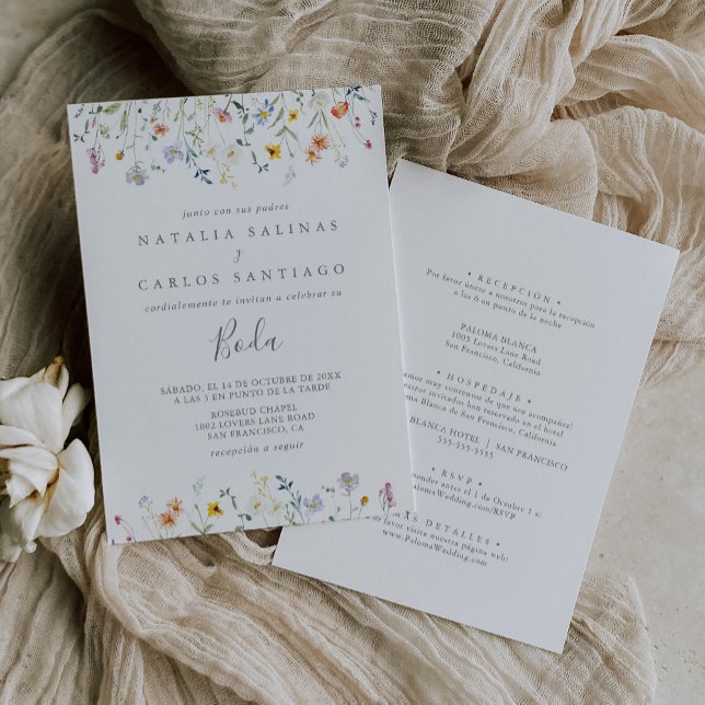 Wild Multicolor Floral Spanish Front Back Wedding Invitation (Creator Uploaded)