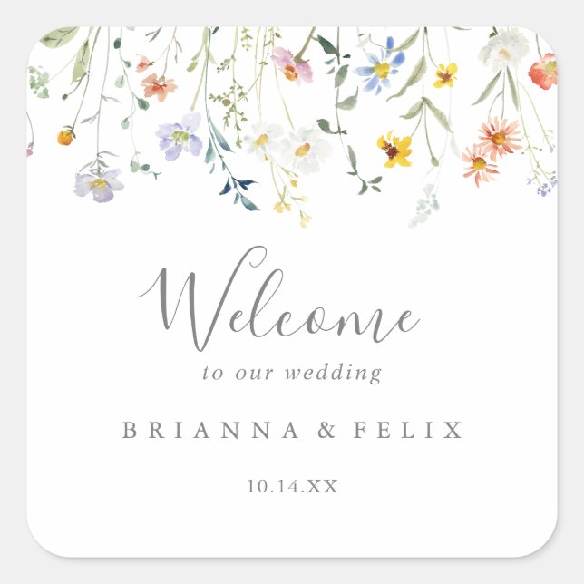 Wild Multicolor Floral Wedding Welcome Square Sticker (Front)