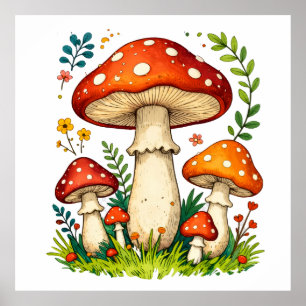 Wild mushrooms and flowers in grass forest nature poster