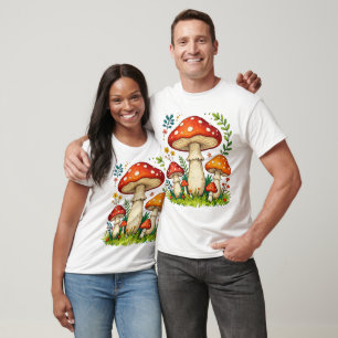 Wild mushrooms and flowers in grass forest nature T-Shirt