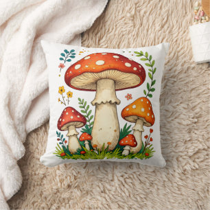 Wild mushrooms and flowers in grass forest nature throw pillow