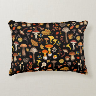 Wild mushrooms on black accent pillow