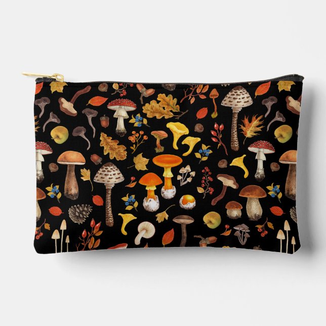 Wild mushrooms on black accessory pouch (Front)