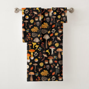 Wild mushrooms on black bath towel set