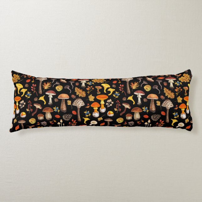 Wild mushrooms on black body pillow (Front)