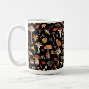 Wild mushrooms on black coffee mug
