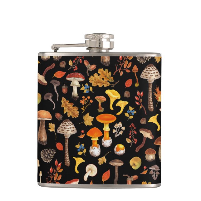 Wild mushrooms on black hip flask (Front)