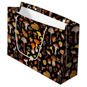 Wild mushrooms on black large gift bag