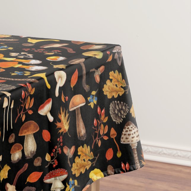 Wild mushrooms on black tablecloth (In Situ)
