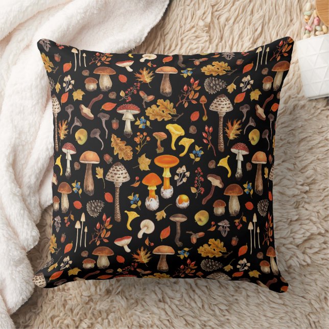 Wild mushrooms on black throw pillow (Blanket)