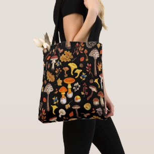 Wild mushrooms on black tote bag