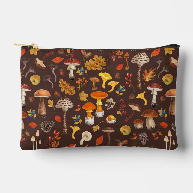 Wild mushrooms on brown accessory pouch (Front)