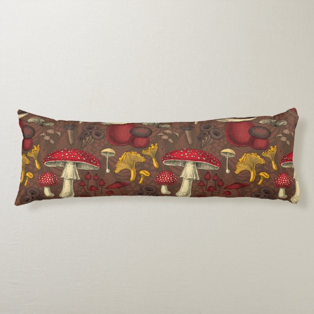 Wild mushrooms on brown body pillow (Front)