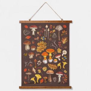 Wild mushrooms on brown hanging tapestry