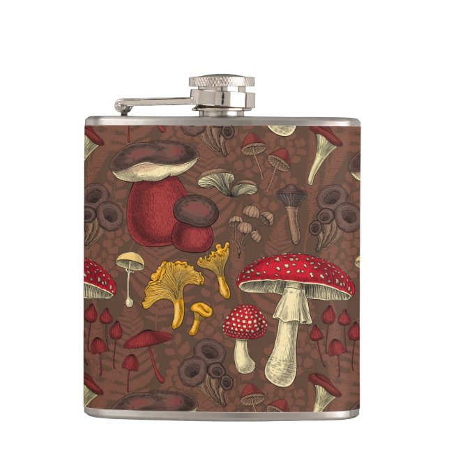Wild mushrooms on brown hip flask (Front)