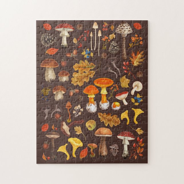 Wild mushrooms on brown jigsaw puzzle (Vertical)