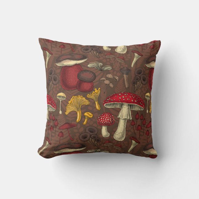 Wild mushrooms on brown throw pillow (Front)