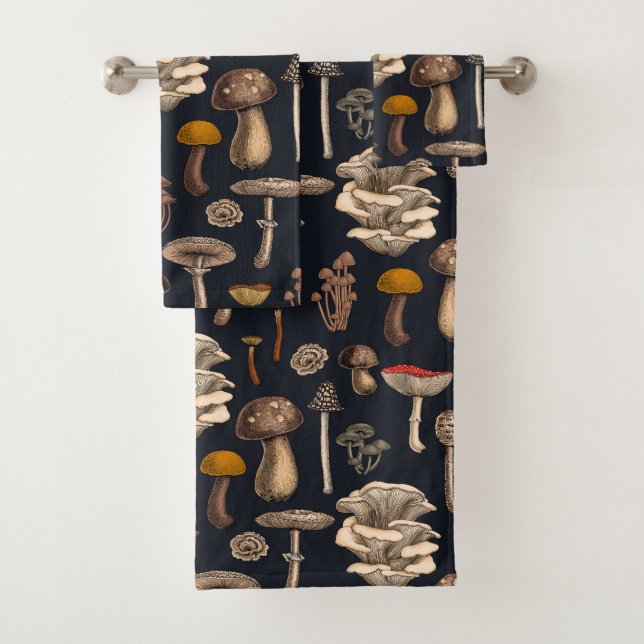 Wild Mushrooms  on graphite black Bath Towel Set (Insitu)