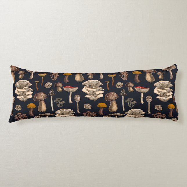 Wild Mushrooms  on graphite black Body Pillow (Front)