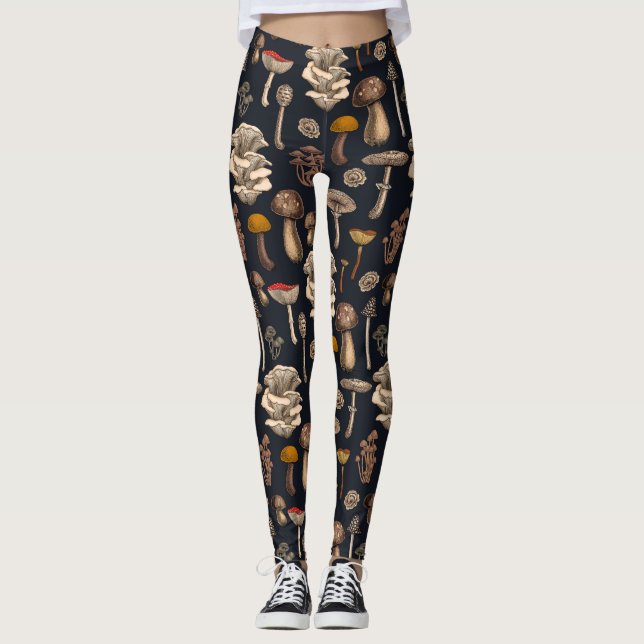 Wild Mushrooms  on graphite black Leggings (Front)