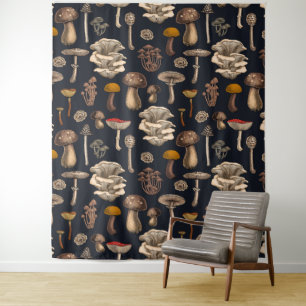 Wild Mushrooms on graphite black Tapestry