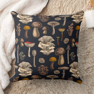 Wild Mushrooms on graphite black Throw Pillow