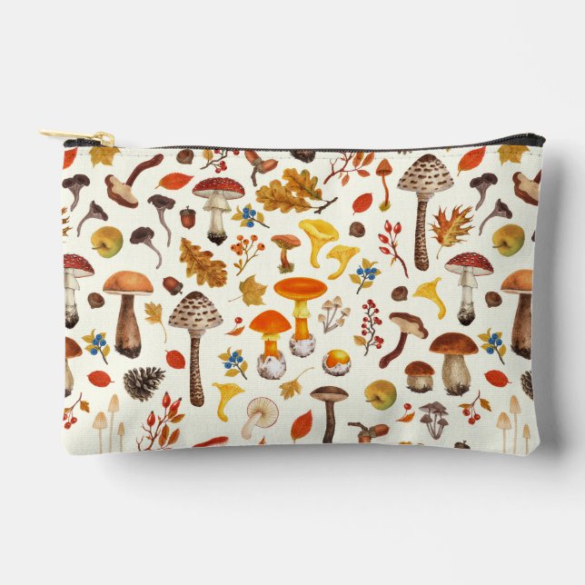 Wild mushrooms on off white accessory pouch (Front)