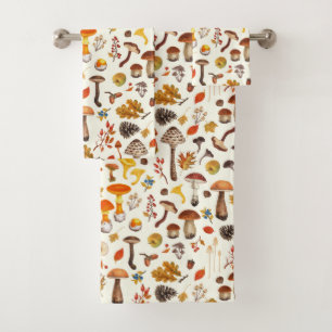 Wild mushrooms on off white bath towel set