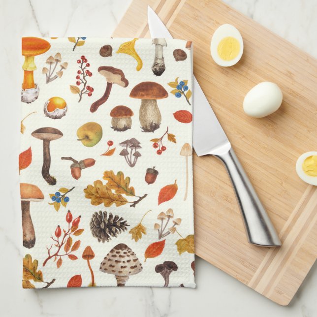 Wild mushrooms on off white kitchen towel (Quarter Fold)