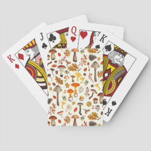 Wild mushrooms on off white playing cards