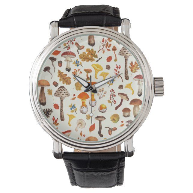 Wild mushrooms on off white watch (Front)