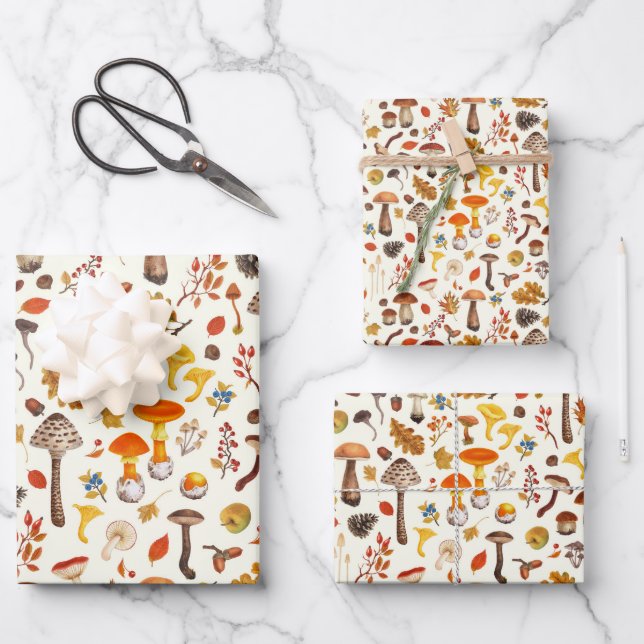 Wild mushrooms on off white wrapping paper sheet (Front)