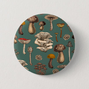 Wild Mushrooms  on pine green 2 Inch Round Button