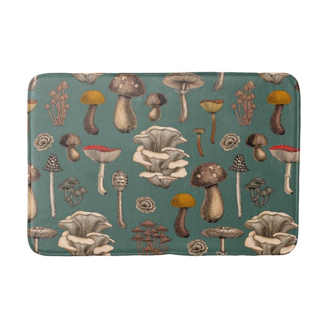 Wild Mushrooms  on pine green Bath Mat (Front)