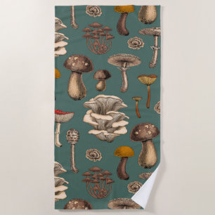 Wild Mushrooms on pine green Beach Towel