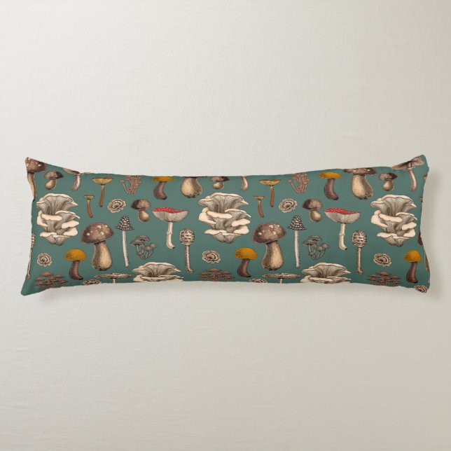 Wild Mushrooms  on pine green Body Pillow (Front)