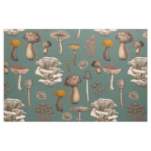 Wild Mushrooms on pine green Fabric