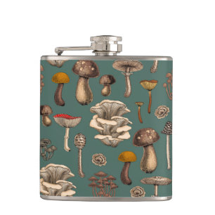 Wild Mushrooms on pine green Hip Flask