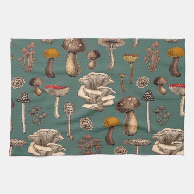 Wild Mushrooms  on pine green Kitchen Towel (Horizontal)