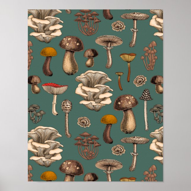 Wild Mushrooms  on pine green Poster (Front)